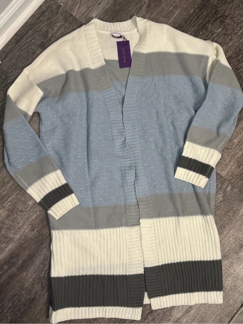 Lascana Women’s Open-Front Striped Cardigan Sweater - Light Blue/Gray/Cream